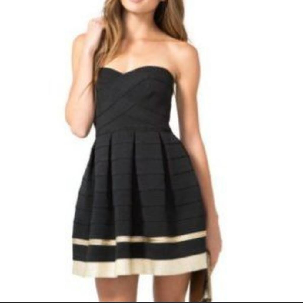 Sans Souci Strapless Black Gold Bandage Fit Flare Mini Cocktail Party Dress